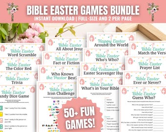 Puede incluir: Una colección de juegos de Pascua imprimibles con un esquema de color rosa y verde. Los juegos están basados en la Biblia e incluyen títulos como "Bible Easter Word Scramble", "Bible Easter Fact or Fiction" y "Bible Easter Guess Who?"