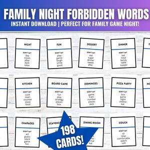 Könnte beinhalten: Ein Set von 198 Family Night Forbidden Words Spielkarten. Jede Karte zeigt eine Kategorie und eine Liste verbotener Wörter. Die Karten sind weiß mit schwarzem Text und blauen Akzenten.