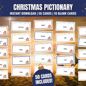 Karty Pictionary z Biblii na Boże Narodzenie, Karty Pictionary z Chrześcijańskiego Bożego Narodzenia, Religijna gra rodzinna na Boże Narodzenie, Gra na Bożonarodzeniowe Przyjęcie Kościelne