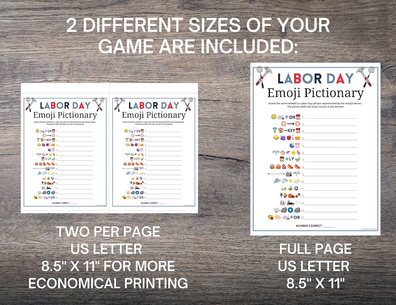 May include: Two printable Labor Day Emoji Pictionary game sheets. The game includes 15 emojis and corresponding blank lines to write the answers. The sheets are available in two sizes: 8.5 inches by 11 inches and a full page.