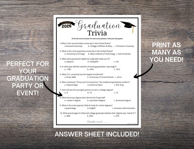 May include: A black and white graduation trivia game sheet with questions and answers. The sheet includes the text "Class of 2026 Graduation Trivia" and "Answer Sheet Included!" Perfect for a graduation party or event.