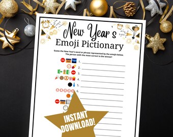 Może przedstawiać: Drukowana gra Noworoczny Pictionary Emoji z instrukcjami, aby odgadnąć słowo lub frazę noworoczną reprezentowaną przez emoji. Osoba z największą liczbą poprawnych odpowiedzi wygrywa. Gra zawiera złotą gwiazdę z tekstem "INSTANT DOWNLOAD!"