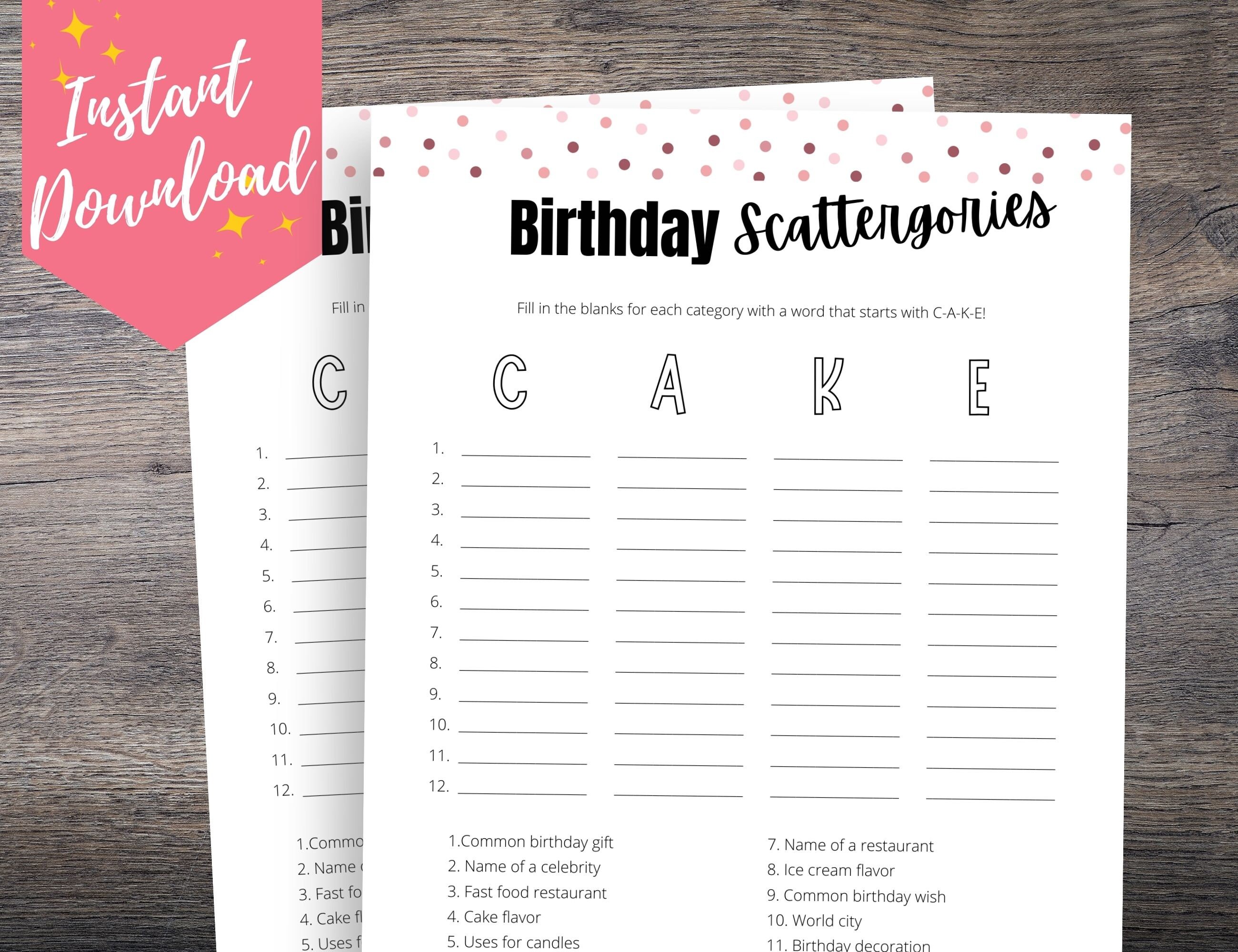 Birthday Scattergories Game for Her Printable Birthday Party - Etsy