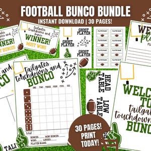 MEGA-bundel voetbalbunco, afdrukbare voetbalbunco, kaarten voetbalbunco, scorekaarten Bunco, aantekenvellen, tafelnummers, Bunco-wedstrijddag