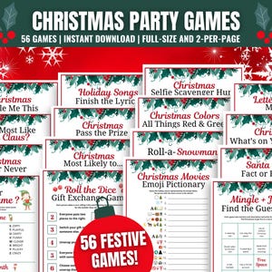 May include: A collection of Christmas party games with a red and green theme. The image displays various game cards with titles like "Christmas Riddle Me This" and "What's Your Elf Name?" The text "56 FESTIVE GAMES!" is also visible.