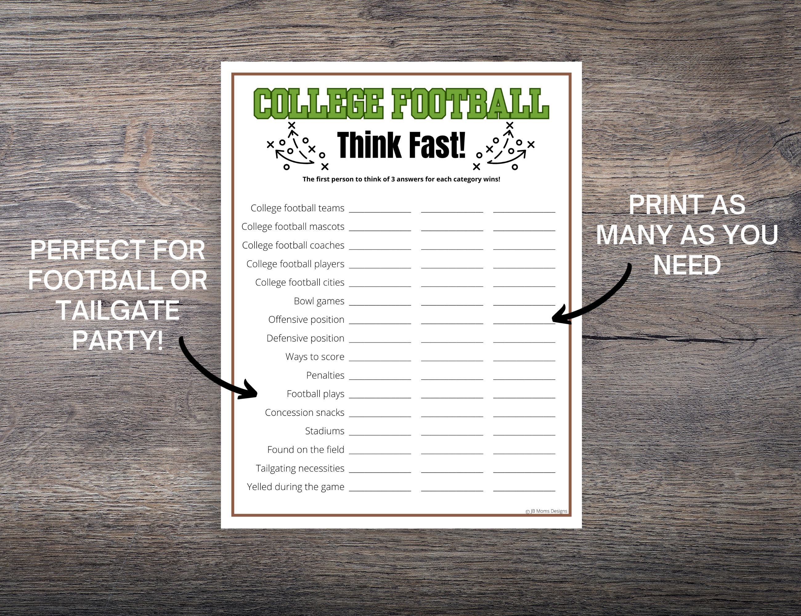 College Football Think Fast Party Game Printable College Etsy