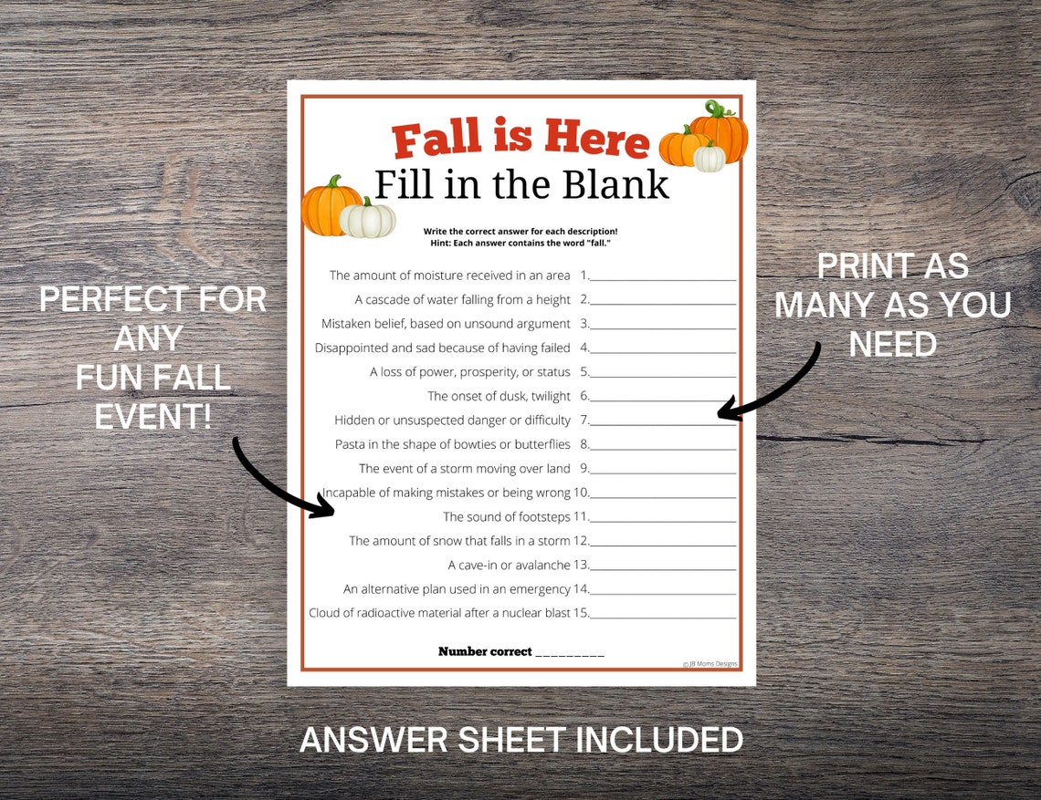 Fall Fill-in-the-blank Game: Printable Autumn Activity (PDF Download ...
