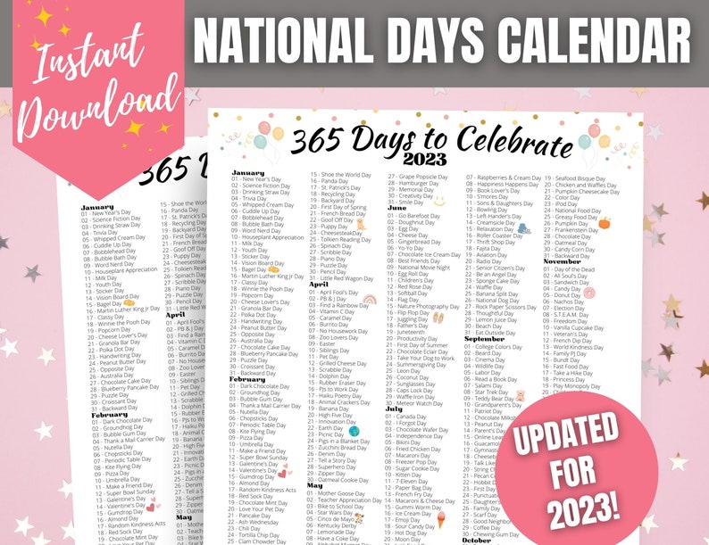 365 Days to Celebrate 2023 National Days Calendar Fun Theme Etsy Ireland