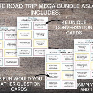 Puede incluir: Un conjunto de tarjetas de inicio de conversaci&oacute;n para viajes por carretera imprimibles. Las tarjetas est&aacute;n divididas en dos categor&iacute;as: iniciadores de conversaci&oacute;n y preguntas de &iquest;preferir&iacute;as?. Las tarjetas son coloridas y presentan una variedad de preguntas divertidas y atractivas.