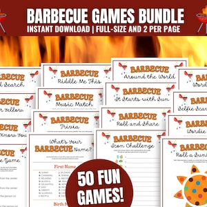 Op de afbeelding: Een verzameling afdrukbare barbecuespellen, waaronder woordzoekers, trivia en speurtochten. De bundel bevat 50 leuke spellen met een barbecuethema, perfect voor feesten en bijeenkomsten. De tekst op de afbeelding luidt "Barbecue Games Bundle".