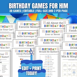 Giochi di compleanno per lui Pacchetto da 30 giochi, Giochi per feste di compleanno modificabili, Giochi per feste di compleanno stampabili per lui, Giochi di compleanno per adulti per lui