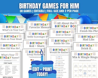 Birthday Games for Him Bundle: 30 Editable Party Games (Printable)