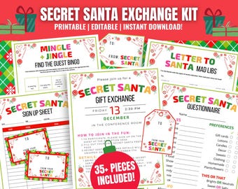 May include: A printable Secret Santa gift exchange kit with a festive red and green plaid background. The kit includes a sign-up sheet, a questionnaire, a letter to Santa Mad Libs, a mingle and jingle bingo game, and a gift exchange invitation. The kit also includes a tag that says "From your Secret Santa".