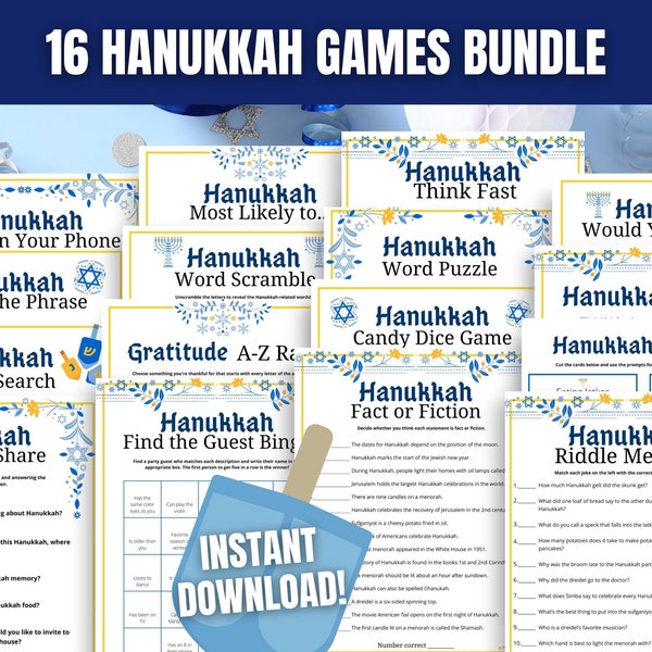 Hanukkah 16-Game MEGA BUNDLE, Hanukkah Party Games, Chanukah Games and Activities, Fun Hanukkah Games for Kids, Teens, Adults, Seniors