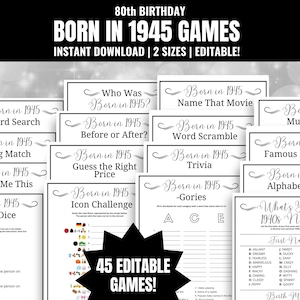 80th Birthday Games: Born in 1945 Trivia, Party Games (Digital Download)