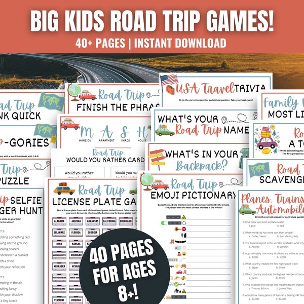 Big Kids Road Trip Games Bundle, Road Trip Activities for Kids, Tweens, & Teens, Family Travel Games, Fun Travel Games to do in the Car