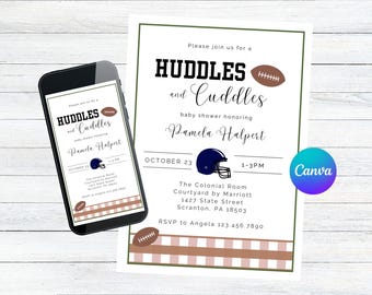 Invitación para baby shower de fútbol: versión digital e imprimible (plantilla editable de Canva)