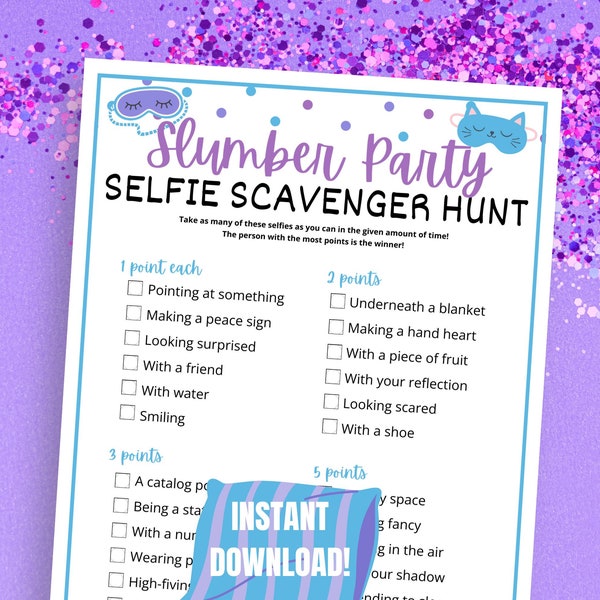 Sleepover Selfie Scavenger Hunt Game, Slumber Party Game for Tween Teen Girls, Birthday Sleepover Party Game for Group, Photo Scavenger Hunt