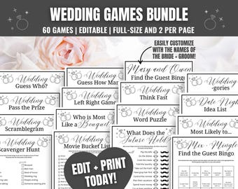 May include: A wedding games bundle with 60 editable games, full-size, and 2 per page. The image features various game cards with titles like "Guess Who?", "Scavenger Hunt", and "Mix-Mingle". The text "EDIT + PRINT TODAY!" is also visible.