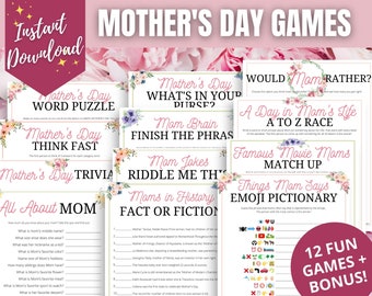 Mother’s Day 12-Game MEGA BUNDLE, Mothers Day Games for Brunch, Luncheon, Church, Family Night, Mothers Day Emoji Pictionary, Trivia, & More