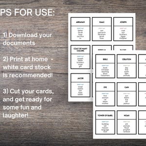 May include: Two sheets of printed cards with black text on a white background, featuring biblical figures and terms. Instructions on the left side say "STEPS FOR USE:" and include steps for downloading, printing, and cutting the cards.
