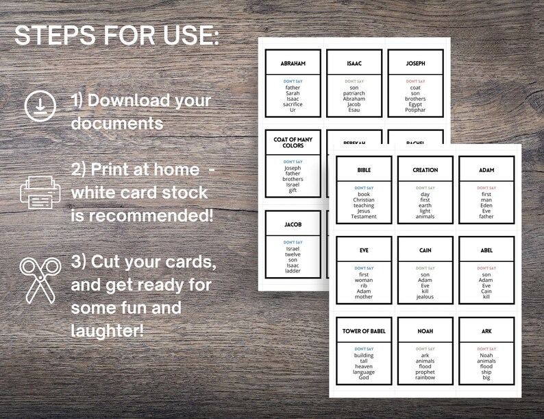 May include: Two sheets of printed cards with black text on a white background, featuring biblical figures and terms. Instructions on the left side say "STEPS FOR USE:" and include steps for downloading, printing, and cutting the cards.