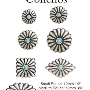 Puede incluir: Surtido de conchos florales turquesa en varios tamaños, incluyendo redondo pequeño (12 mm), redondo mediano (19 mm), redondo grande (25 mm), redondo extra grande (32 mm), cuadrado (25 mm), diamante (25 mm x 38 mm) y ovalado (25 mm x 38 mm).