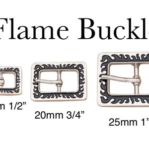 Flammen-Doppelschnalle für Gürtel, Taschen und Lederarbeiten. Größen 1/2“, 3/4“ und 1“.