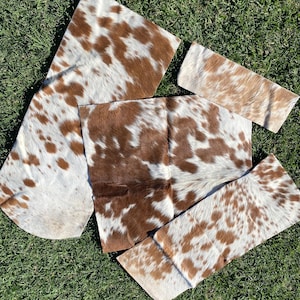 May include: Four rectangular pieces of cowhide leather featuring a natural brown and white spotted pattern. The pieces vary in size and shape, displaying a textured hair-on-hide surface with irregular patches of colour distributed across each section.