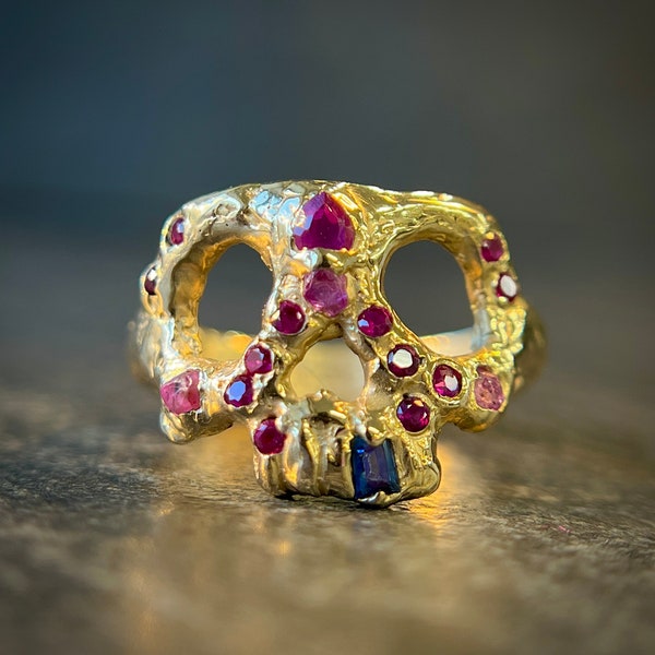The Sapphire Skull Ring Handcrafted Solid 10k Yellow Gold