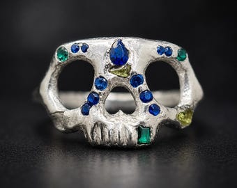 Silver Skull Ring Sapphire and Emerald, Memento Mori Ring, Custom Made Skull Ring, Gold Sapphire Skull Ring