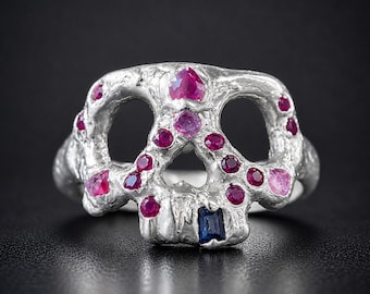 Silver Skull Ring with Pink and Blue Sapphire and Ruby, OOAK Skull Ring