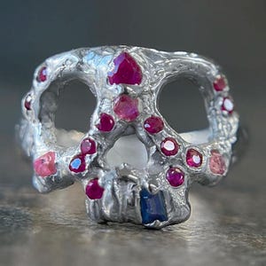 Sterling Silver Skull Ring, Pink Rough Sapphires, Blue Baguette, Memento Mori Jewelry