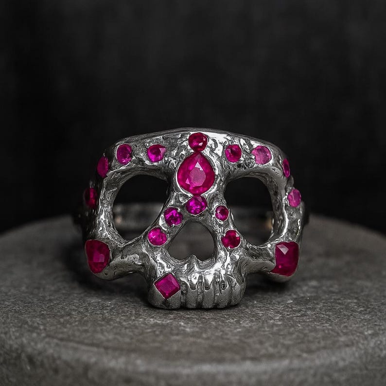 Gold Skull Ring with Pink Sapphires and Rubies - Memento Mori Style - Solid Gold Handcrafted Custom Made image 2