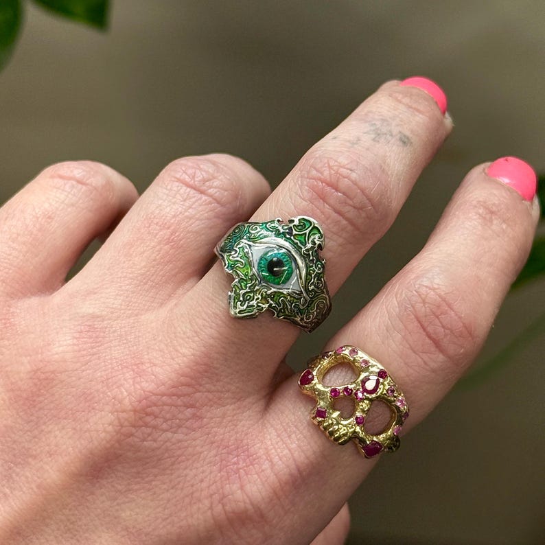 Gold Skull Ring with Pink Sapphires and Rubies - Memento Mori Style - Solid Gold Handcrafted Custom Made image 5