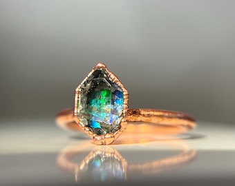 Handmade Copper Electroformed Herkimer Diamond Ring – Enhanced Rainbow Aura