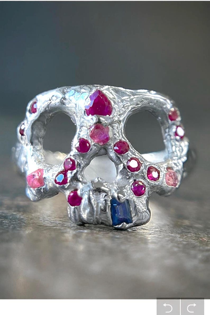 The Sapphire Skull Ring, Rubies and Sapphire, OOAK Skull Ring, Memento Mori Ring image 2