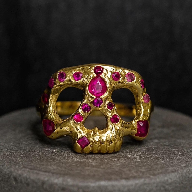 Gold Skull Ring with Pink Sapphires and Rubies - Memento Mori Style - Solid Gold Handcrafted Custom Made image 1