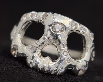 Diamond Skull Ring, Sterling Silver, Memento Mori, Custom Made Jewelry