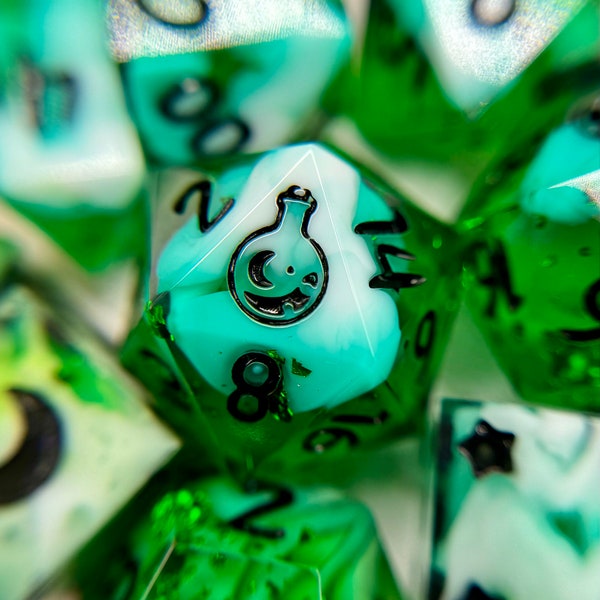 Green Advantage Dice Set with Matching Potion Bottle - Enhance Your Adventure in Style! For dnd, D&D, dungeons and dragons