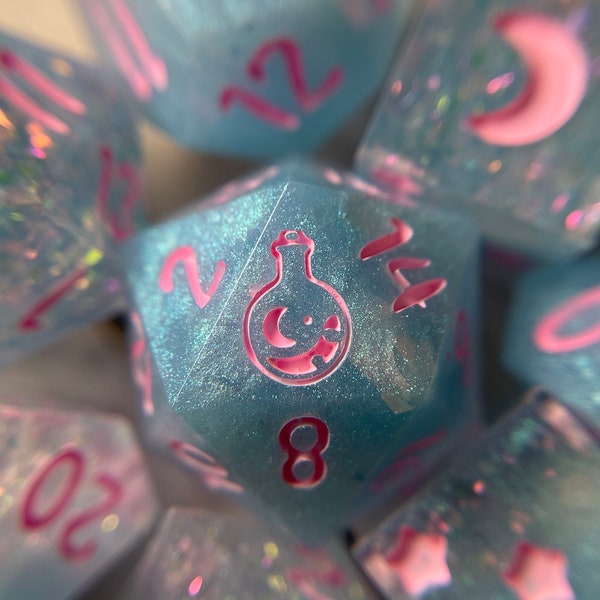 Blue and pink Opal and pearl, sharp edge, handmade dice with potion bottle For dnd, D&D, dungeons and dragons or other TTRPG
