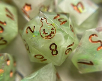 Green and copper, Advantage, sharp edge, handmade dice with potion bottle For dnd, D&D, dungeons and dragons or other TTRPG