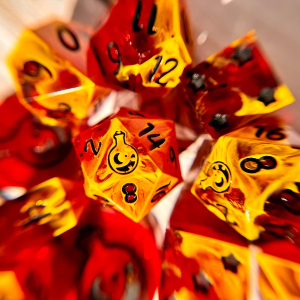 Red,orange and yellow, Advantage, sharp edge, handmade dice with potion bottle For dnd, D&D, dungeons and dragons or other TTRPG