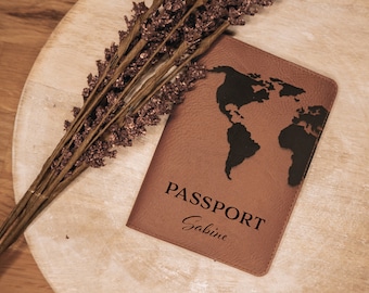 Passport cover world map, leather, personalized