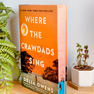May include: A paperback book titled "Where the Crawdads Sing" by Delia Owens. The cover features a sunset over a body of water with a silhouette of a person standing in the water.