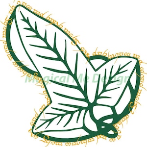 May include: A green leaf with a gold inscription around the edge. The inscription reads "One Ring to rule them all, One Ring to find them, One Ring to bring them all and in the darkness bind them."