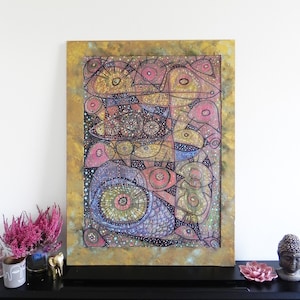 Oryginalny rysunek „Kosmiczne ryby”, technika mieszana na papierze, 27&quot;x19&quot;