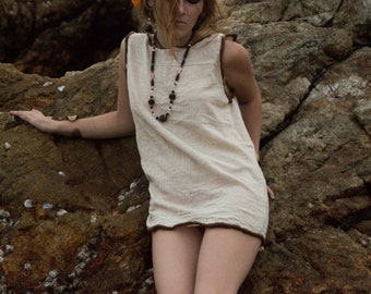 Handgemaakte khadi-katoenen tuniek: beige boho-minijurk