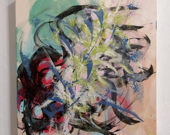 May include: Abstract painting on canvas with a beige background. The artwork features bold brushstrokes in black, red, blue, and green, creating a dynamic and expressive composition. The painting is mounted on a square canvas.