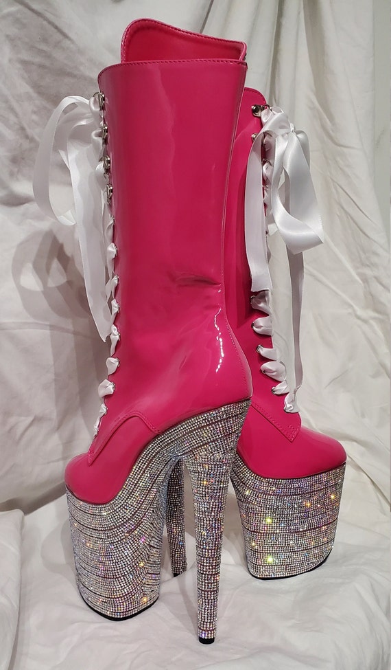 Glass High Heel Ankle Boot Hot Pink Ornament Glitter Jeweled Shoe Christmas